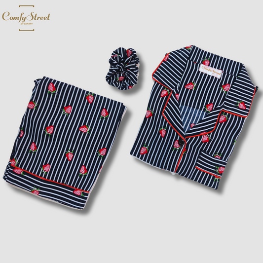 Navy Blue Strawberry Stripes Linen Pjs